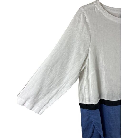 J. Jill Love Linen Color Block 3/4 Sleeves Tunic Top Small White Blue Coastal - Picture 4 of 9